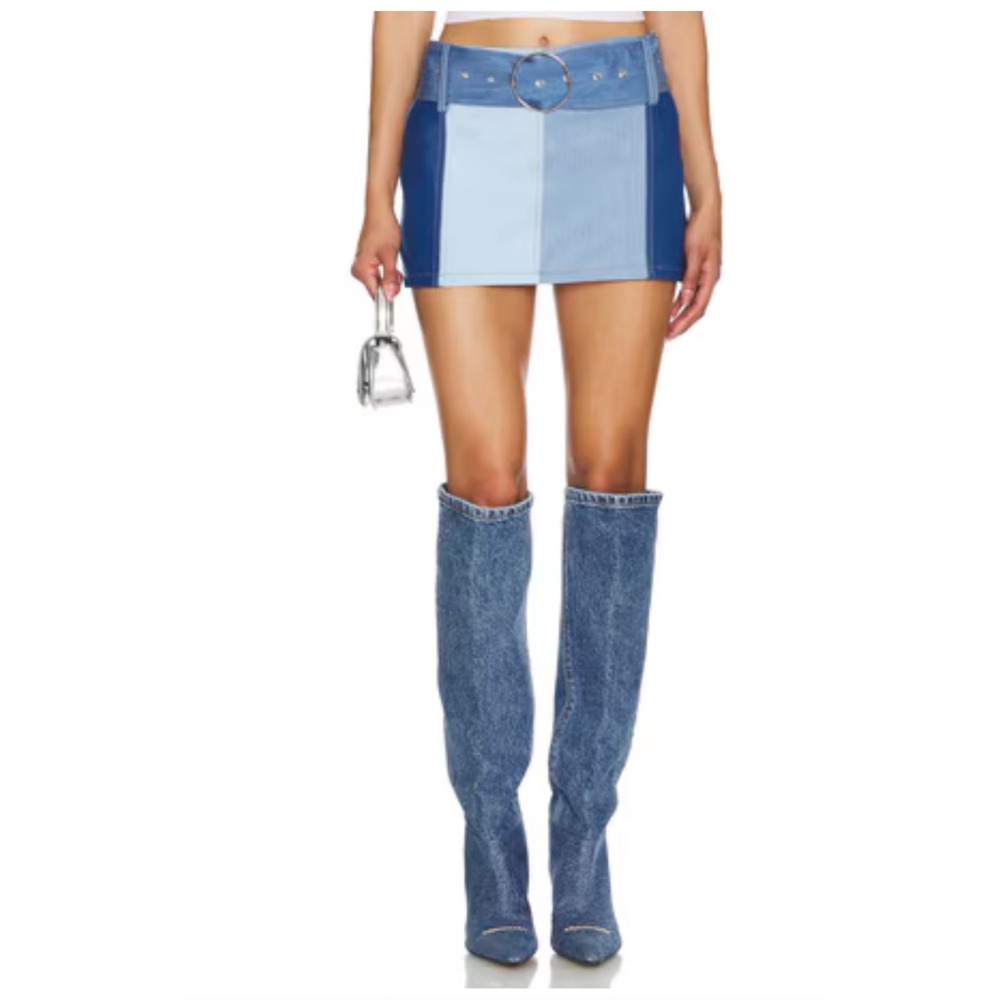 superdown Tyla Mini Skirt Blue Multi Patchwork Belted Denim Look Size S
